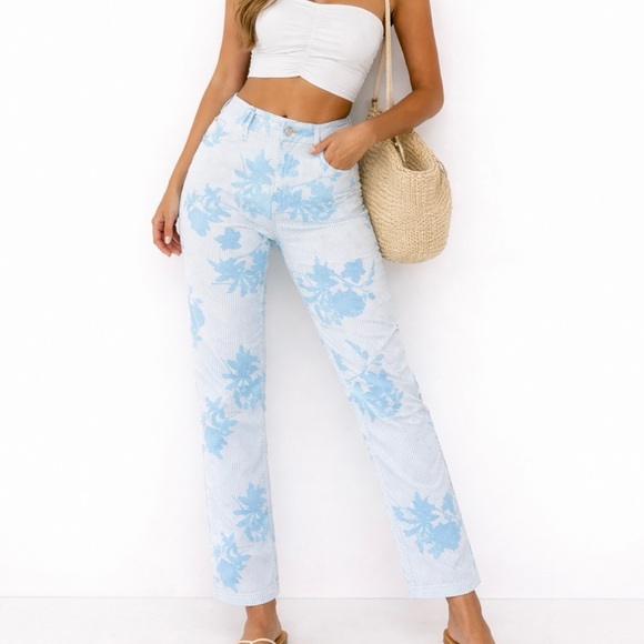 GAP 1969 WHITE SKY BLUE FLORAL STRIPED ALWAYS SKINNY SKIMMER LOW RISE JEANS 32R